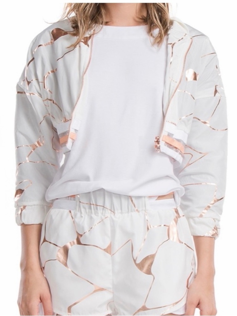 Lime & Vine Gwen Crop Jacket White Alabaster Rose Gold Metallic Bomber Size S